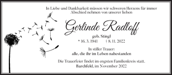 Traueranzeige von Gerlinde Radloff von Südthüringer Presse