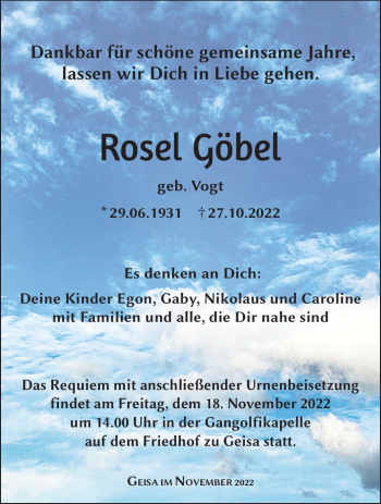 Traueranzeige von Rosel Göbel von Südthüringer Presse