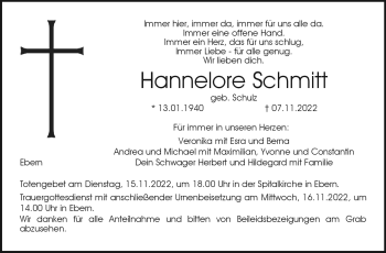 Traueranzeige von Hannelore Schmitt von Neue Presse Coburg