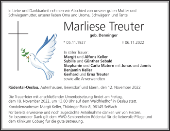 Traueranzeige von Marliese Treuter von Neue Presse Coburg