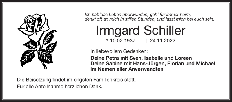  Traueranzeige für Irmgard Schiller vom 26.11.2022 aus Frankenpost
