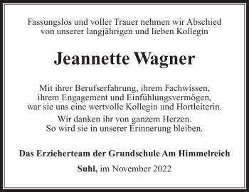 Traueranzeige von Jeannette Wagner von Südthüringer Presse