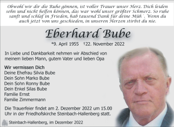 Traueranzeige von Eberhard Bube von Südthüringer Presse