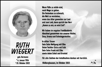 Traueranzeige von Ruth Wiegert von Südthüringer Presse