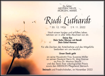 Traueranzeige von Rudi Luthardt von Südthüringer Presse