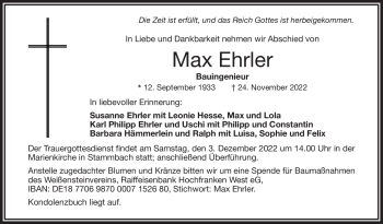 Traueranzeige von Max Ehrler von Frankenpost