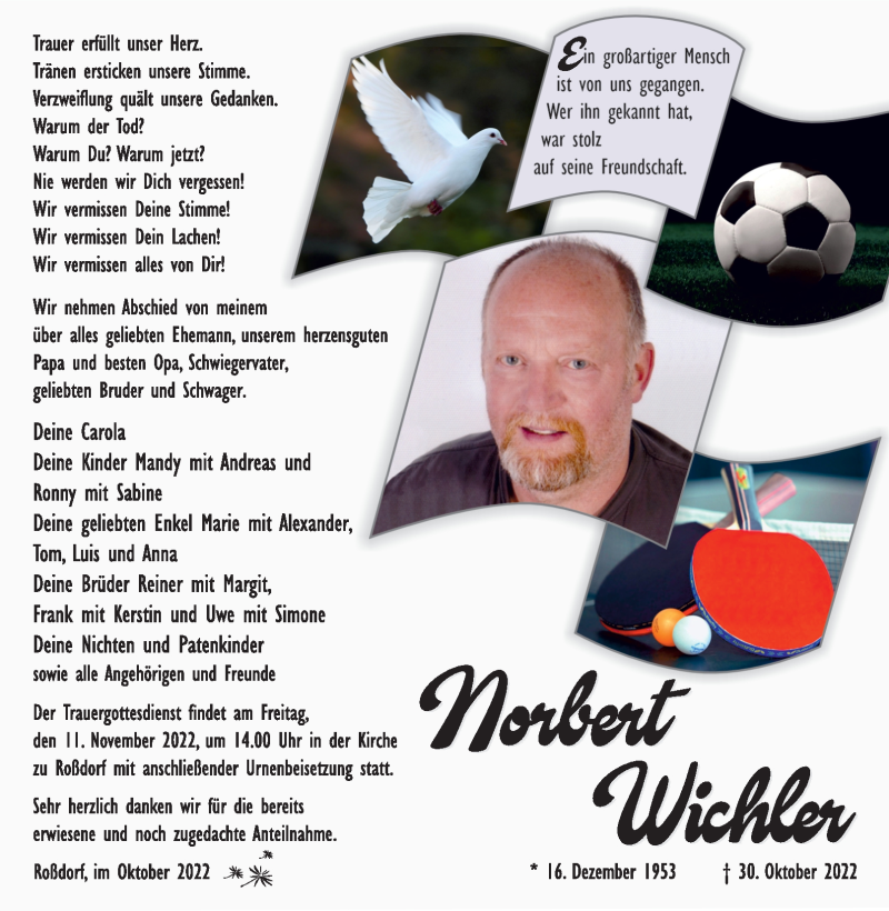  Traueranzeige für Norbert Wichler vom 05.11.2022 aus Südthüringer Presse