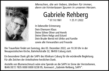 Traueranzeige von Gabriele Rehberg von Neue Presse Coburg