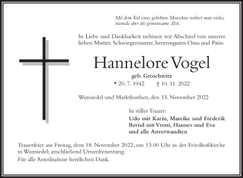 Traueranzeige von Hannelore Vogel von Frankenpost