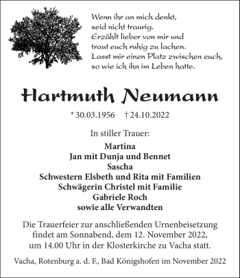 Traueranzeige von Hartmuth Neumann von Südthüringer Presse