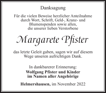 Traueranzeige von Margarete Pfister von Südthüringer Presse