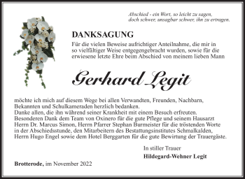 Traueranzeige von Gerhard Legit von Südthüringer Presse