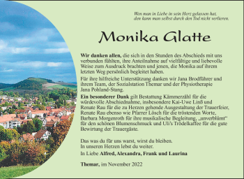 Traueranzeige von Monika Glatte von Südthüringer Presse