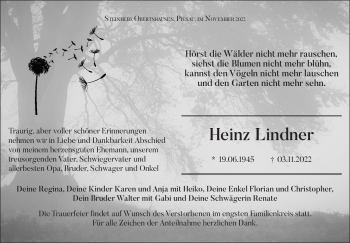 Traueranzeige von Heinz Lindner von Südthüringer Presse
