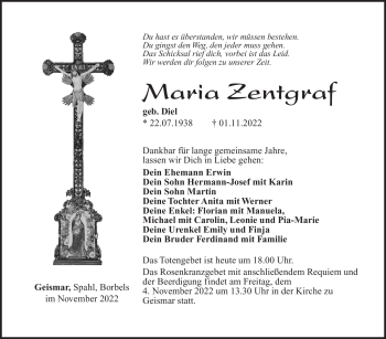 Traueranzeige von Maria Zentgraf von Südthüringer Presse