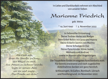 Traueranzeige von Marianne Friedrich von Südthüringer Presse