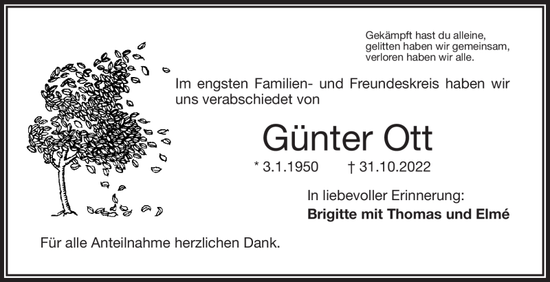  Traueranzeige für Günter Ott vom 19.11.2022 aus Frankenpost