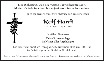 Traueranzeige von Rolf Hanft von Südthüringer Presse