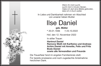 Traueranzeige von Ilse Daniel von Frankenpost