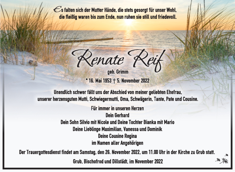  Traueranzeige für Renate Reif vom 19.11.2022 aus Südthüringer Presse