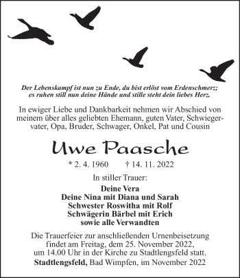 Traueranzeige von Uwe Paasche von Südthüringer Presse