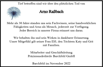 Traueranzeige von Arno Raßbach von Südthüringer Presse