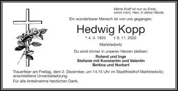 Traueranzeige von Hedwig Kopp von Frankenpost