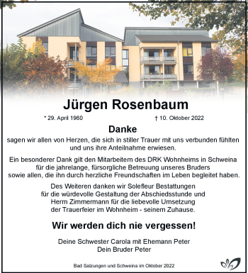 Traueranzeige von Jürgen Rosenbaum von Südthüringer Presse