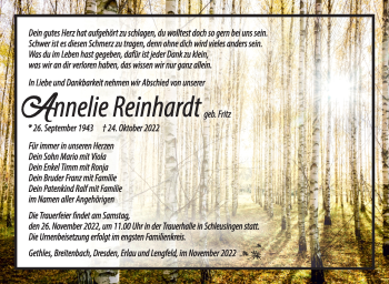 Traueranzeige von Annelie Reinhardt von Südthüringer Presse
