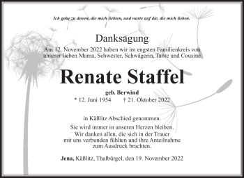 Traueranzeige von Renate Staffel von Südthüringer Presse