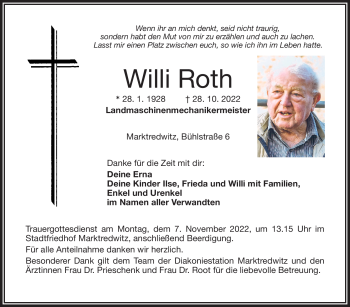Traueranzeige von Willi Roth von Frankenpost