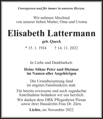 Traueranzeige von Elisabeth Lettermann von Südthüringer Presse