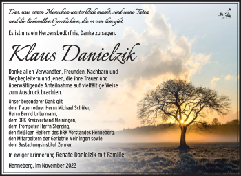 Traueranzeige von Klaus Danielzik von Südthüringer Presse