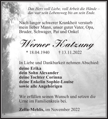 Traueranzeige von Werner Katzung von Südthüringer Presse