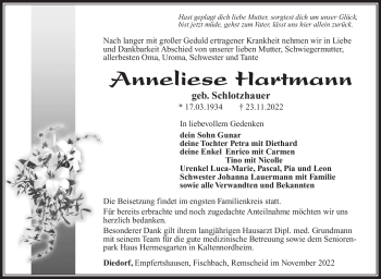 Traueranzeige von Anneliese Hartmann von Südthüringer Presse