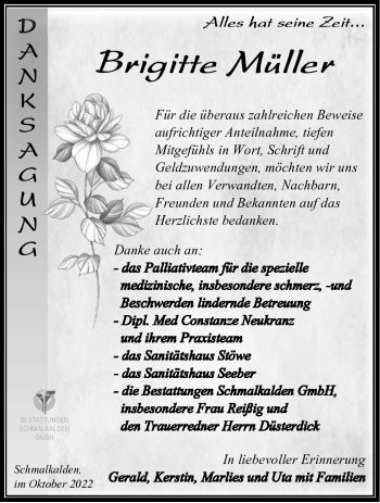Traueranzeige von Brigitte Müller von Südthüringer Presse