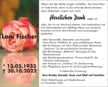 Traueranzeige von Loni Fischer von Südthüringer Presse