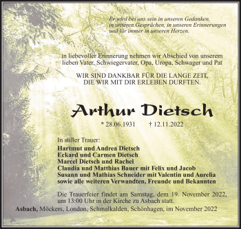 Traueranzeige von Arthur Dietsch von Südthüringer Presse