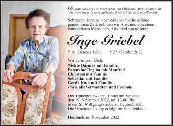 Traueranzeige von Inge Griebel von Südthüringer Presse