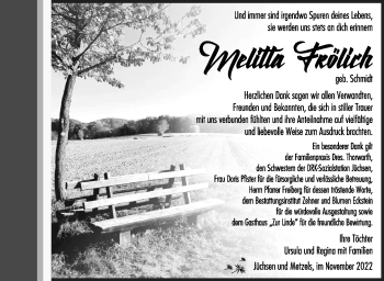 Traueranzeige von Melitta Frölich von Südthüringer Presse