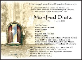 Traueranzeige von Manfred Dietz von Südthüringer Presse