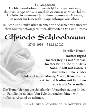 Traueranzeige von Elfriede Schleebaum von Südthüringer Presse