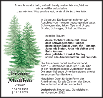 Traueranzeige von Franz Matthäi von Südthüringer Presse