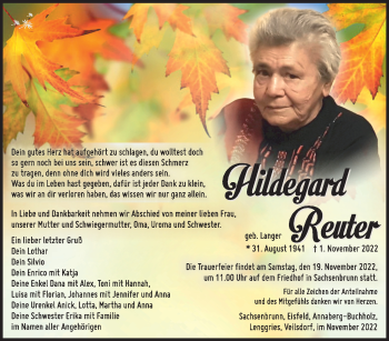 Traueranzeige von Hildegard Reuter von Südthüringer Presse
