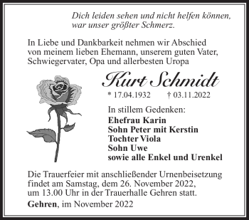 Traueranzeige von Kurt Schmidt von Südthüringer Presse