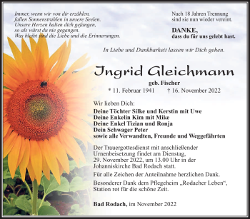 Traueranzeige von Ingrid Gleichmann von Südthüringer Presse