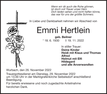 Traueranzeige von Emmi Hertlein von Neue Presse Coburg