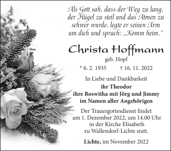 Traueranzeige von Christa Hoffmann von Südthüringer Presse