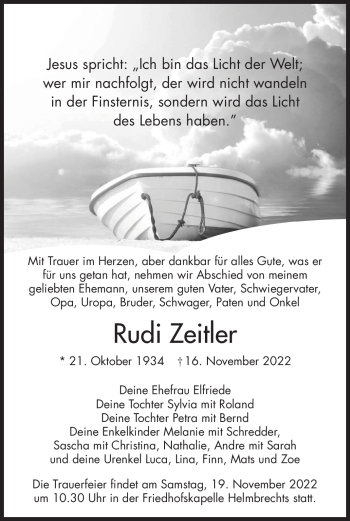 Traueranzeige von Rudi Zeitler von Frankenpost