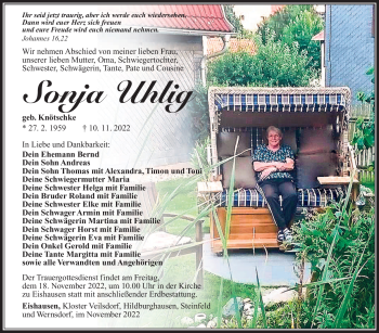 Traueranzeige von Sonja Uhlig von Südthüringer Presse